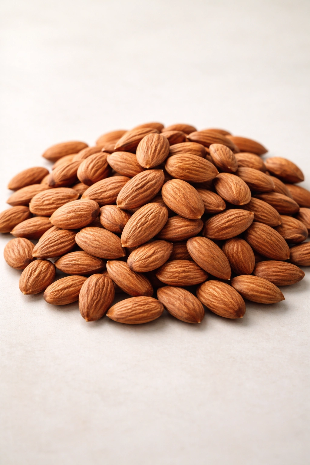 Pile of raw almonds on a plain background
