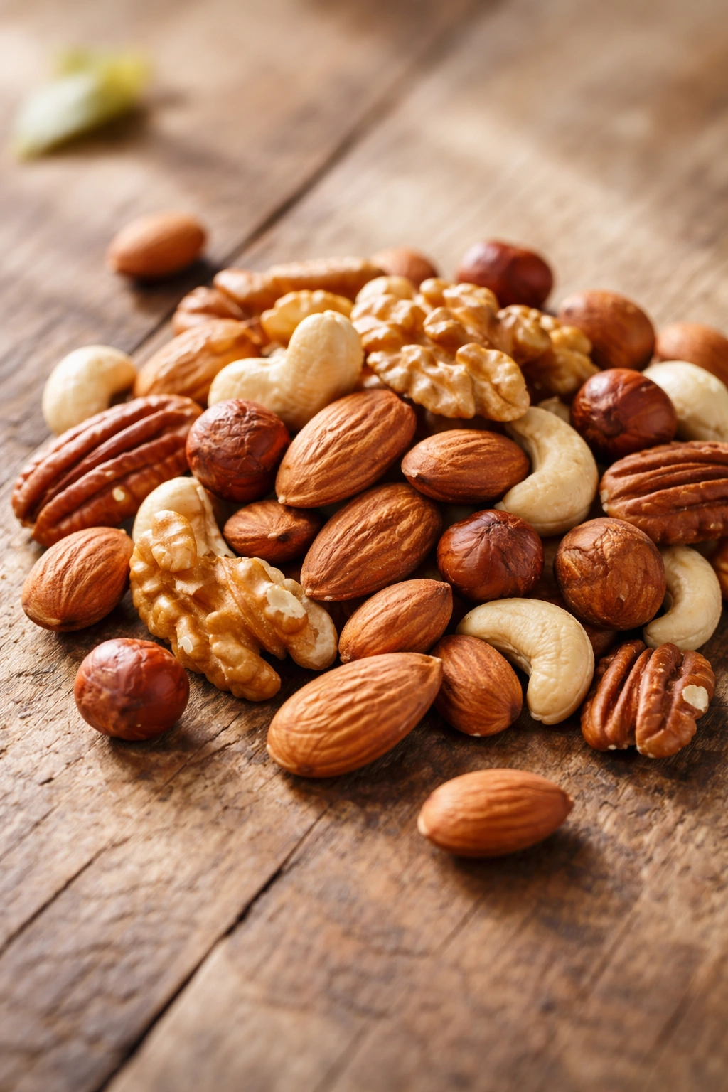 Close-up of raw almonds and mixed nuts on a wooden surface