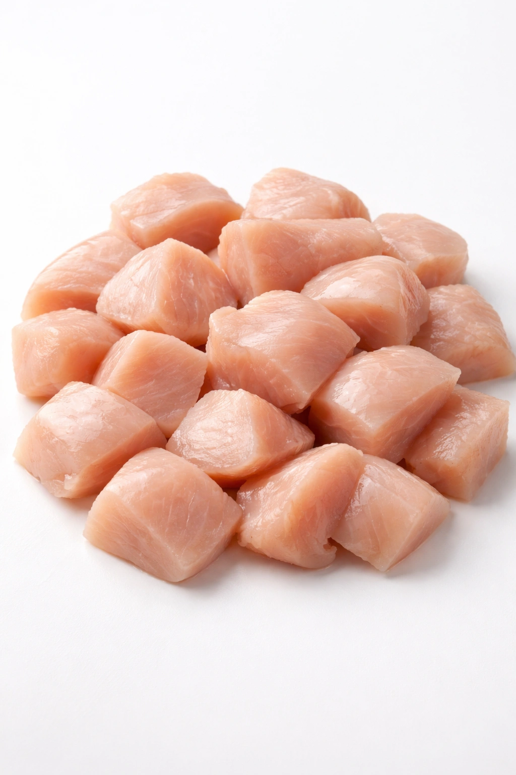 Boneless skinless chicken breast pieces on a white surface