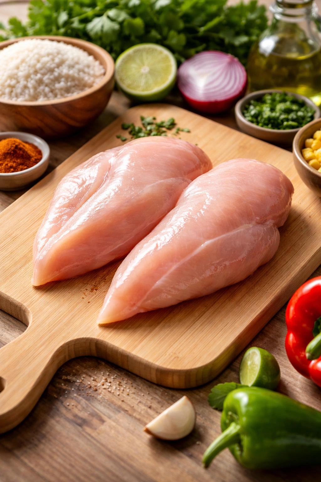Raw chicken breast on cutting board ready for one-pot dinner