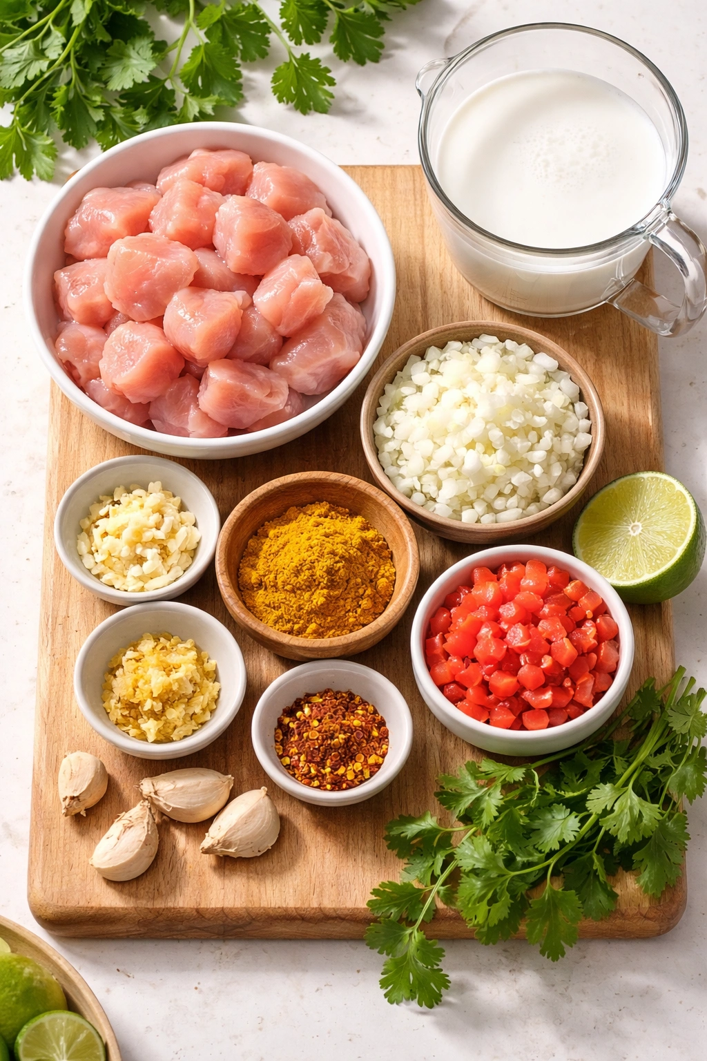 Raw chicken, onion, garlic, ginger, curry powder, coconut milk and cilantro arranged on a board