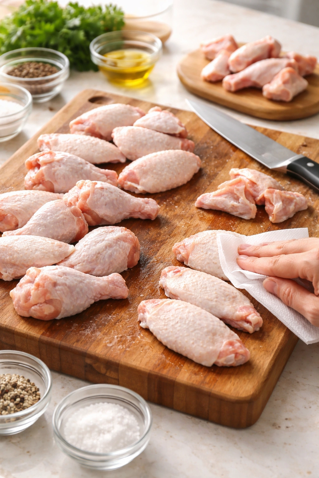 Raw chicken wings with skin intact on cutting board