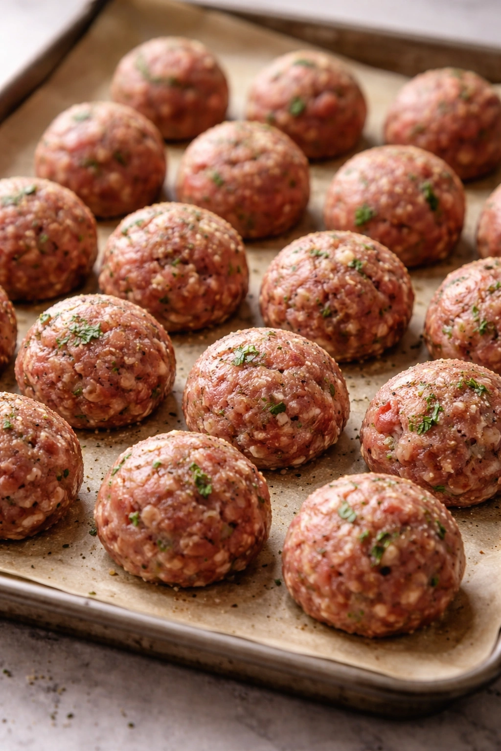 Raw meatballs on parchment ready to bake