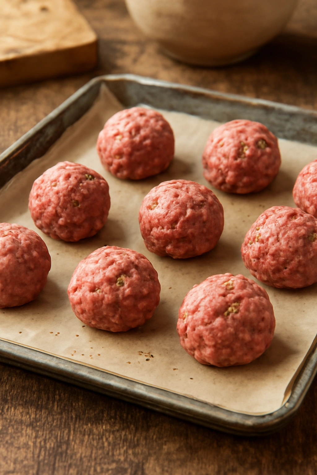 Raw meatballs on parchment-lined tray