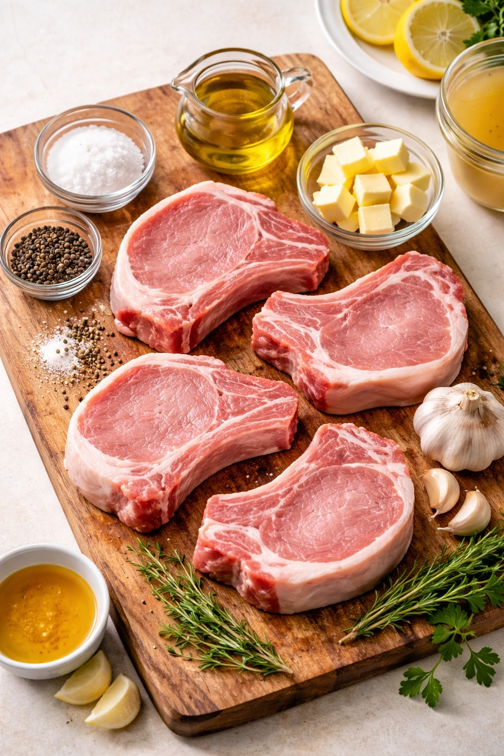 Raw bone-in pork rib chops on a wooden cutting board
