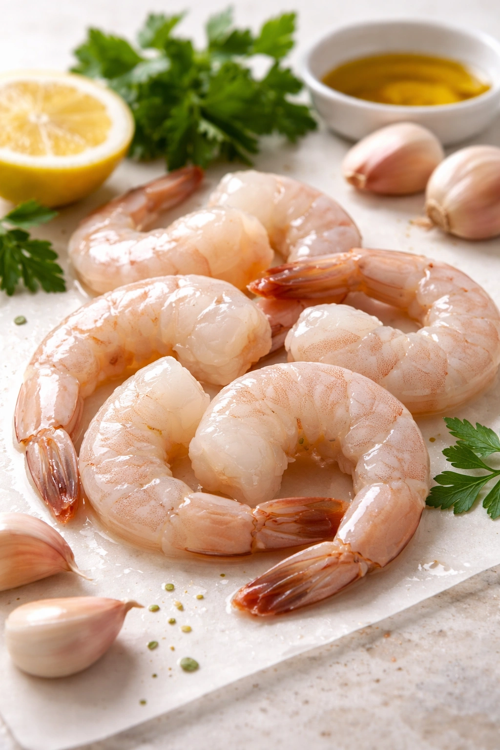 Raw jumbo shrimp arranged on a clean surface to show quality