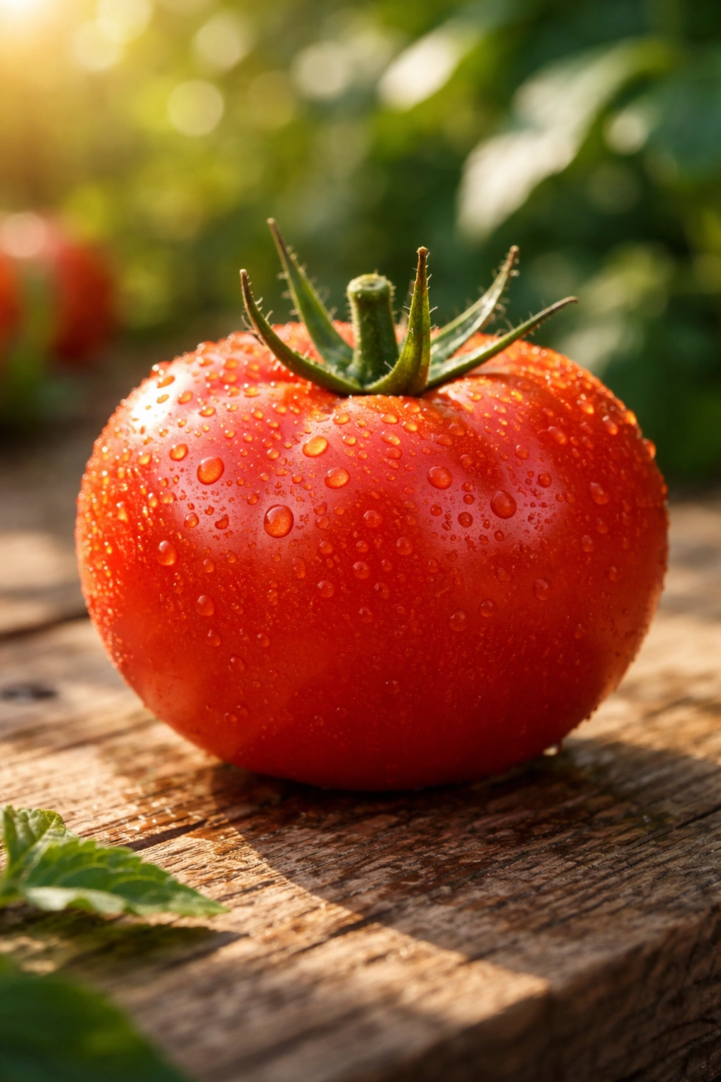 Close-up of a single ripe raw tomato on wood under natural light