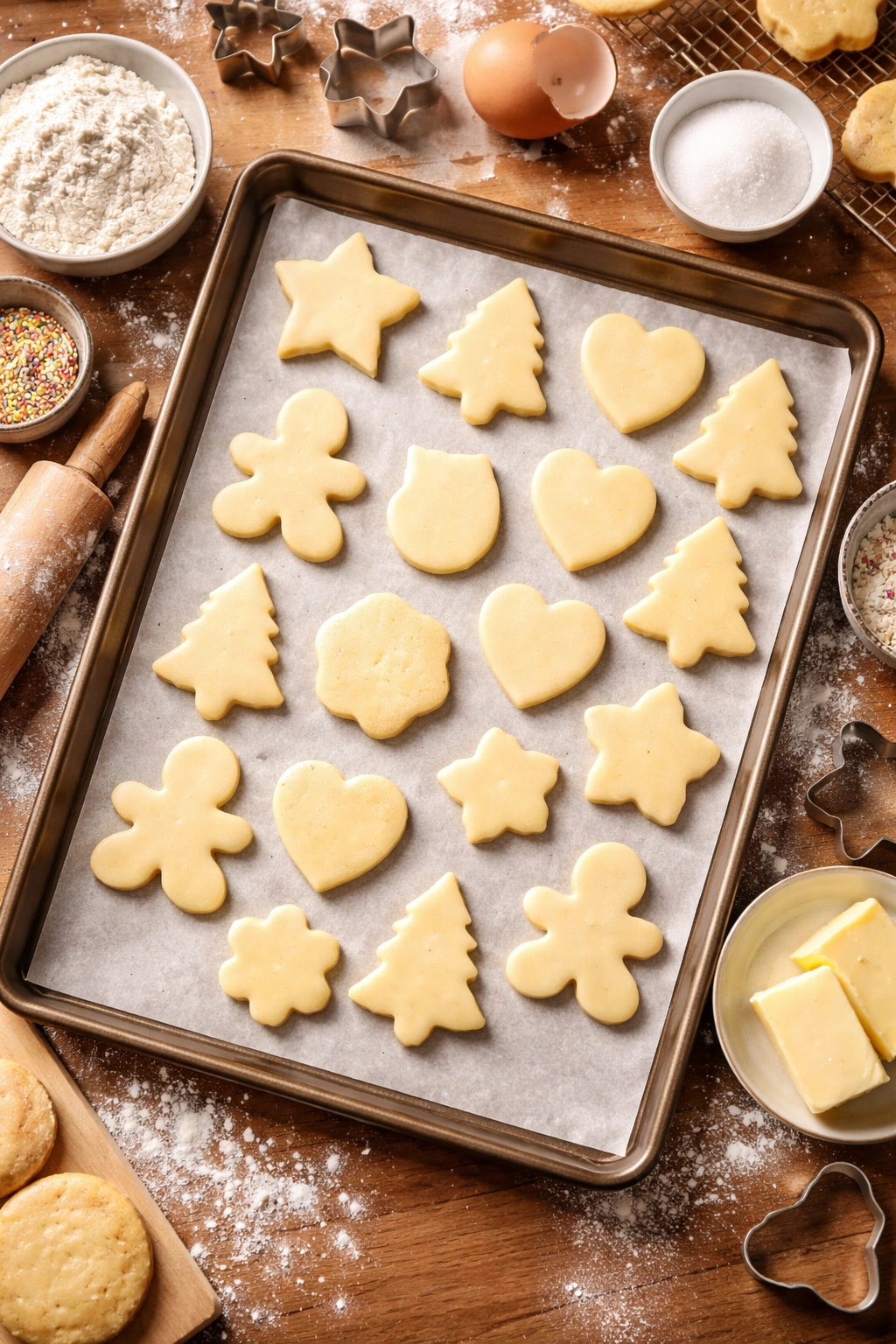 Tray of sugar cookie shapes on parchment ready to bake