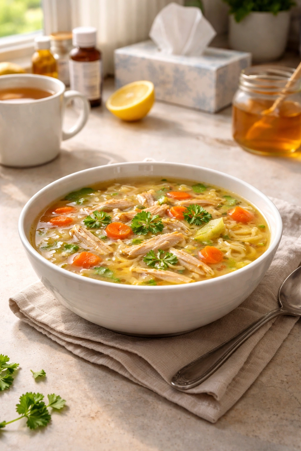 Steaming chicken soup ready to eat on a clean counter