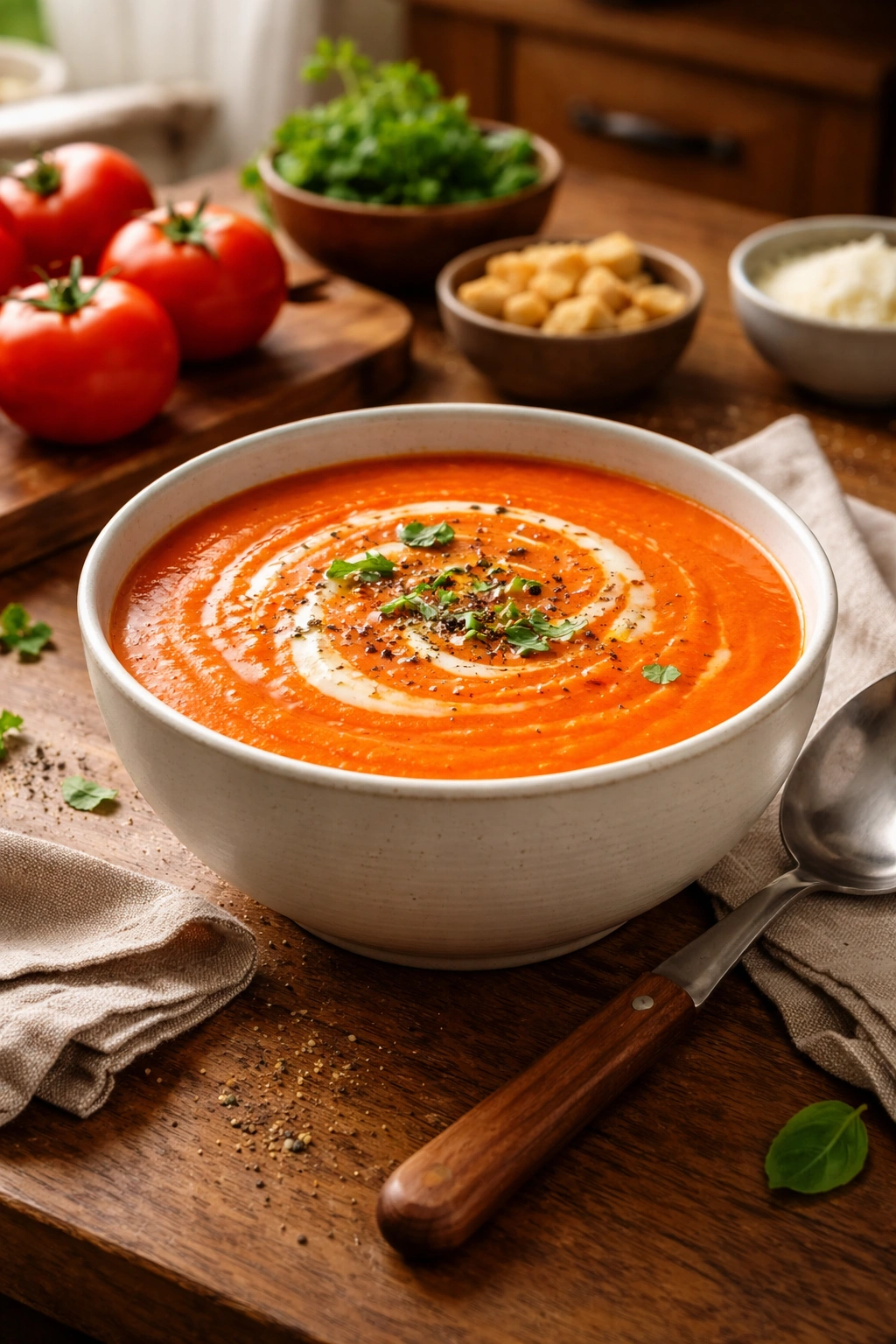 Served creamy tomato soup with ladle on wooden table
