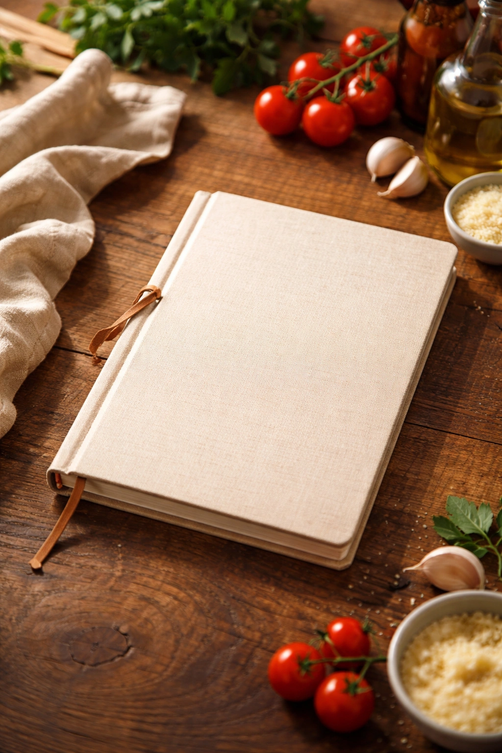 Single closed recipe notebook on wooden table with unmarked cover