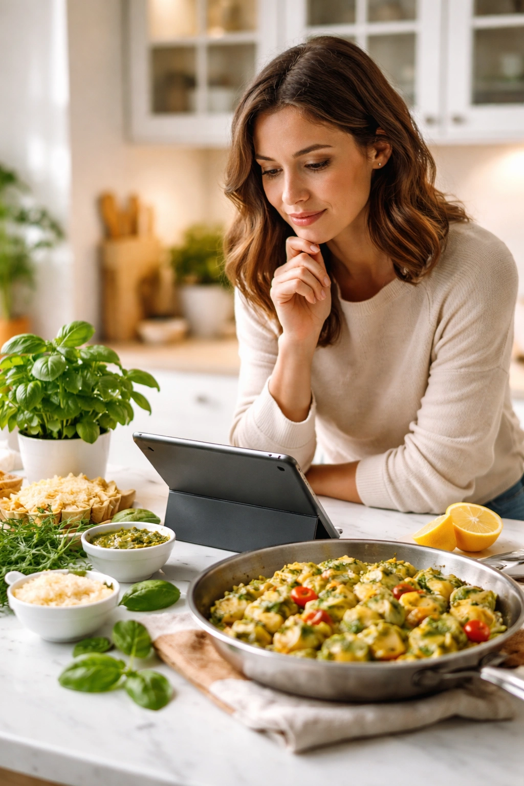 Person studying a recipe on a tablet in a bright kitchen.