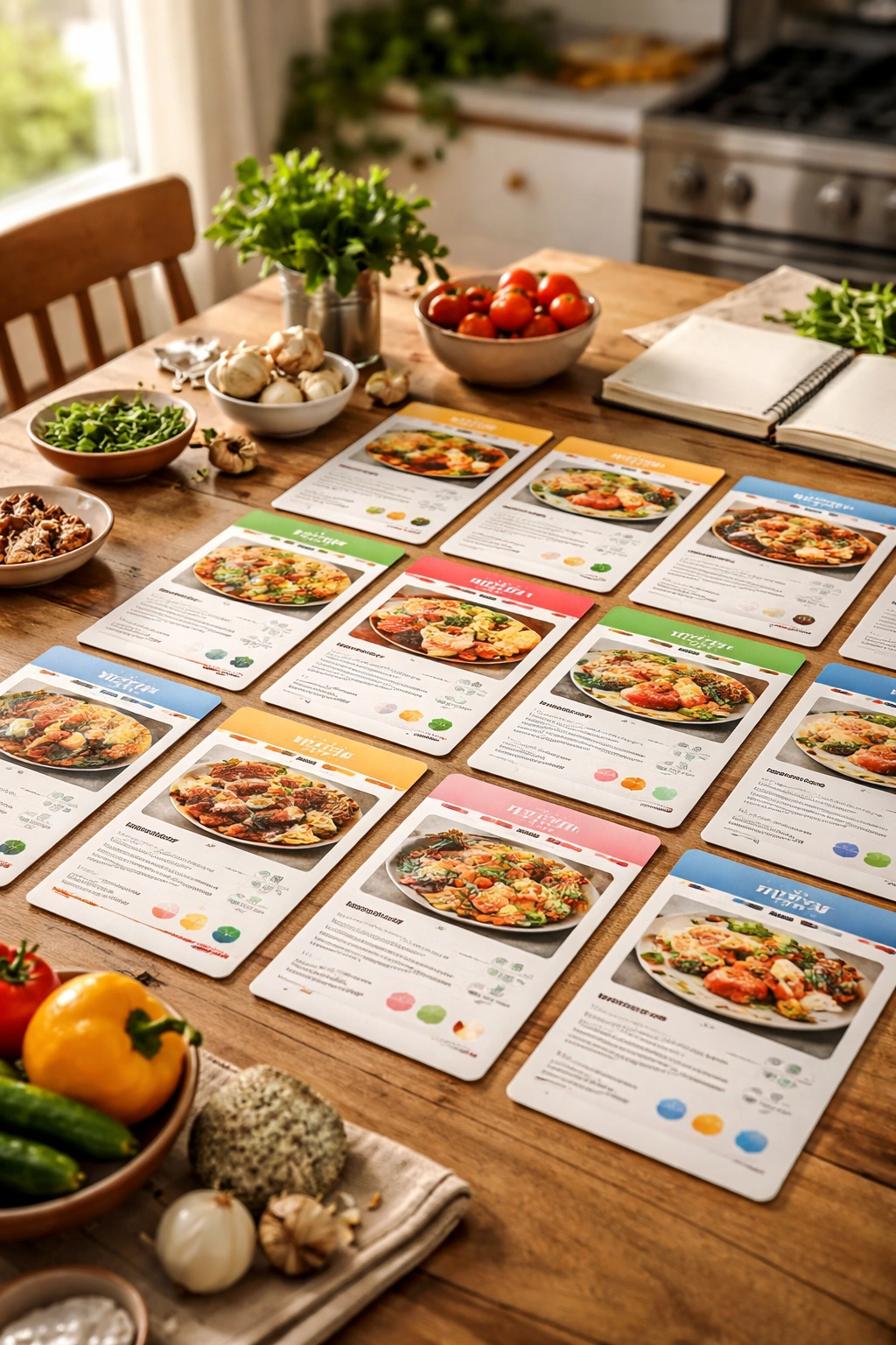 Table with recipe cards represented by color-coded icons showing rotation variety
