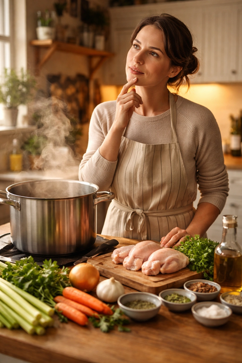 Thoughtful cook considering substitutions and serving options for chicken soup