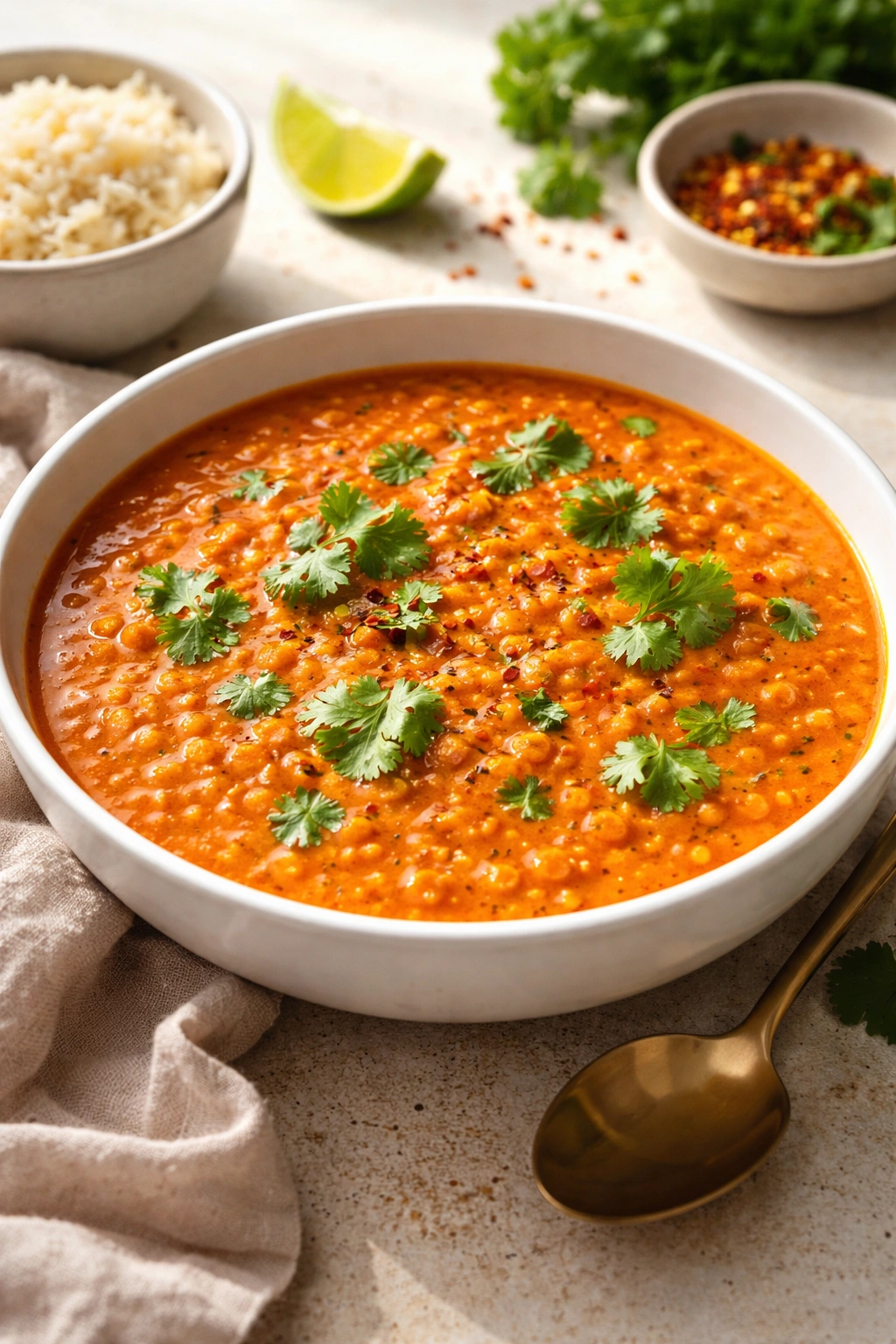 Silky red lentil curry in a white bowl with coconut milk sheen