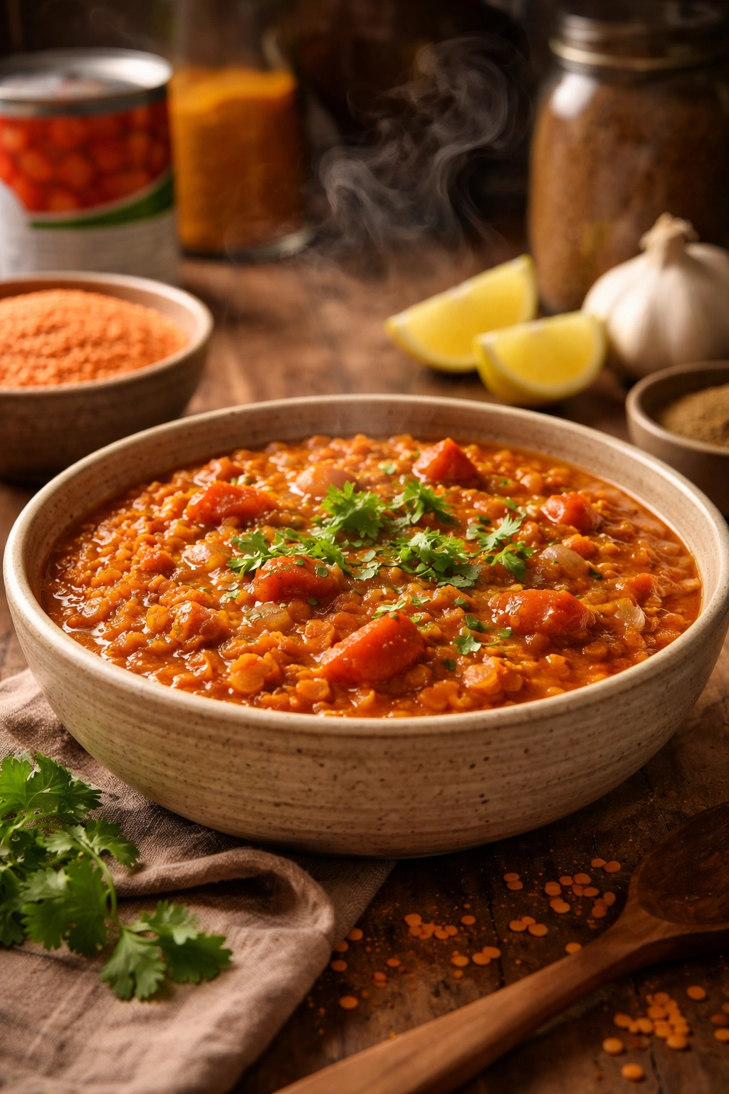 Close-up of red lentil curry in a rustic bowl with steam