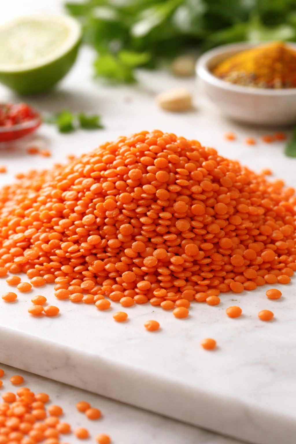 Close-up of red lentils piled on a white surface, macro texture