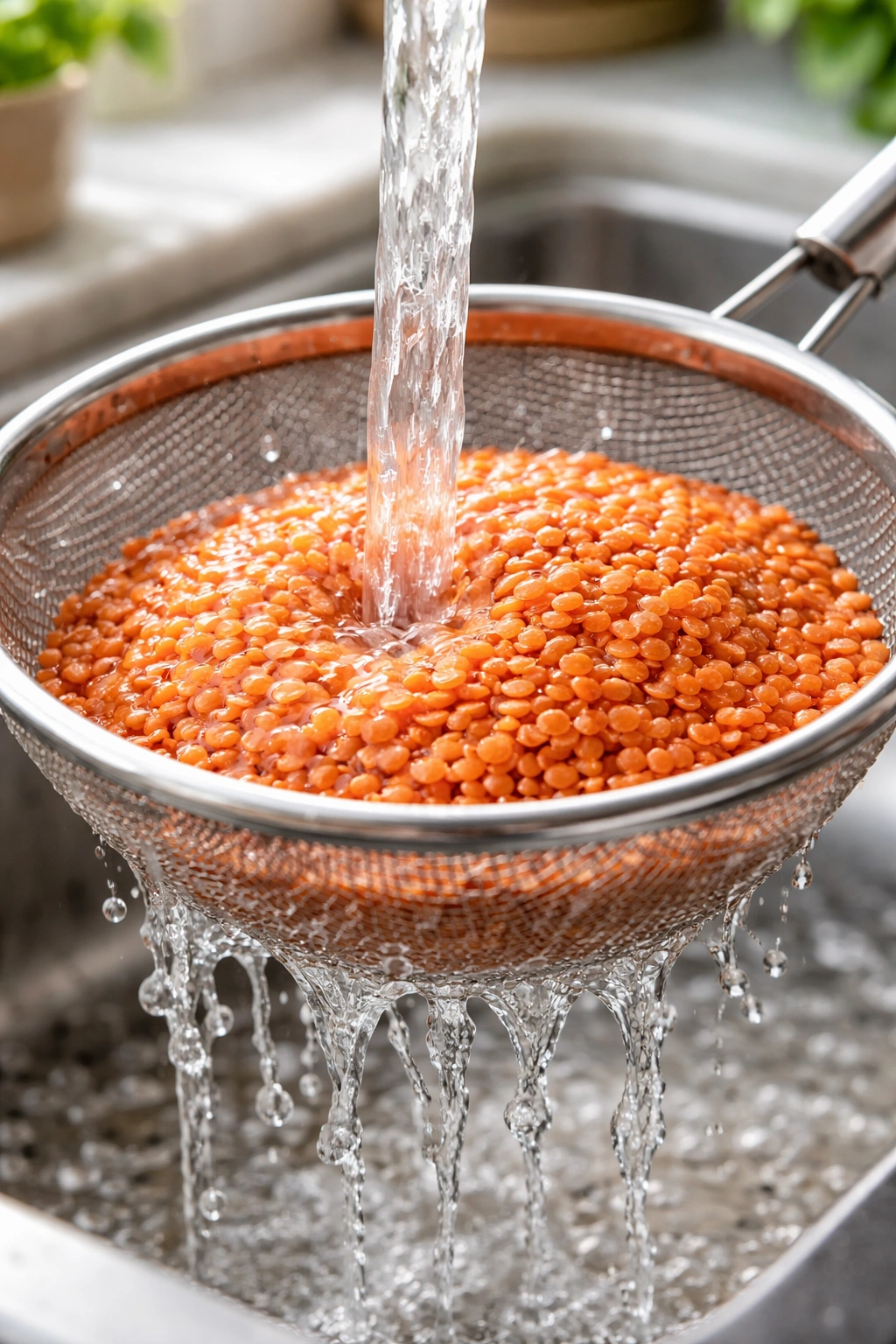 Rinsing red lentils under cold water in a sieve