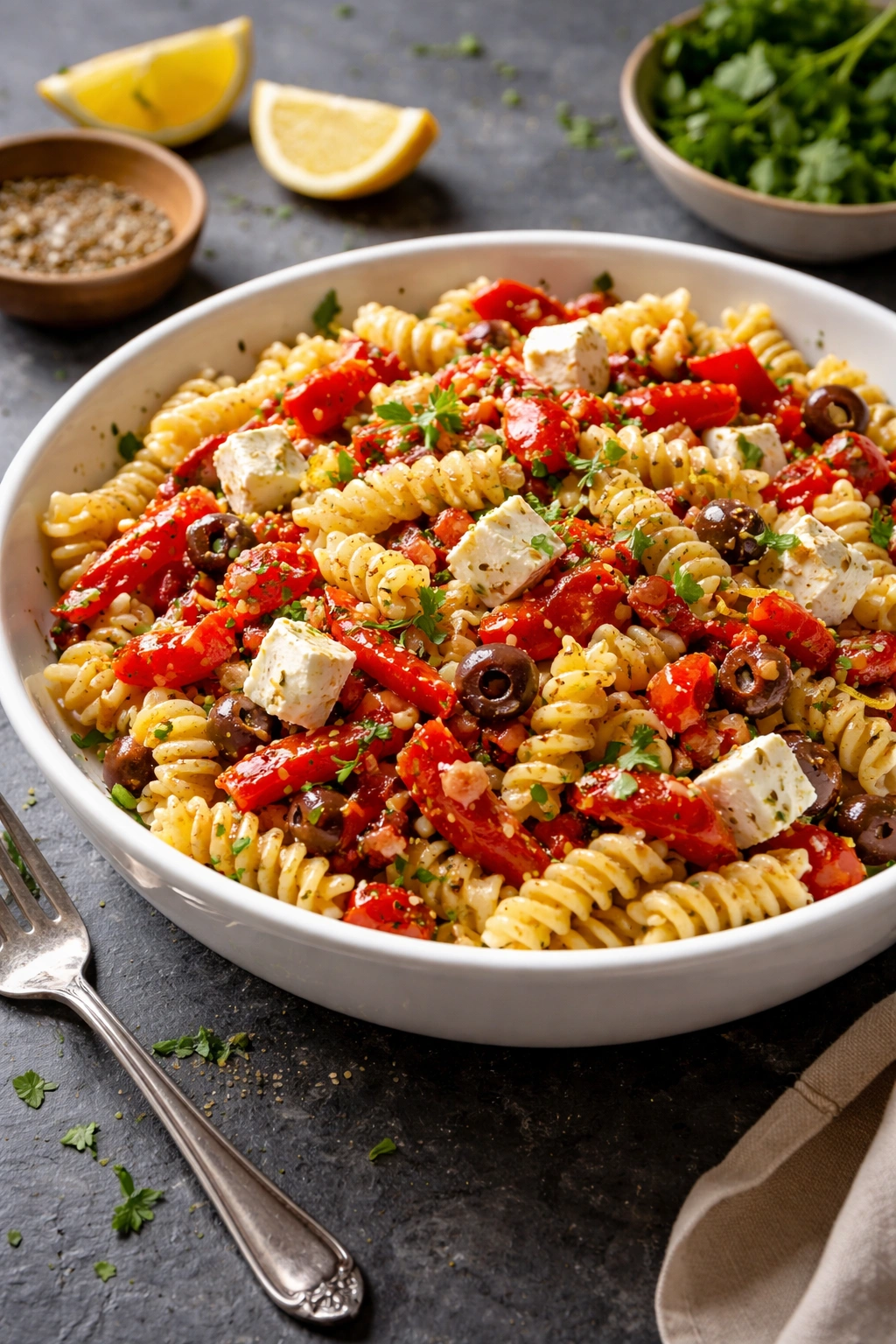 Roasted red pepper and feta pasta salad in a bowl
