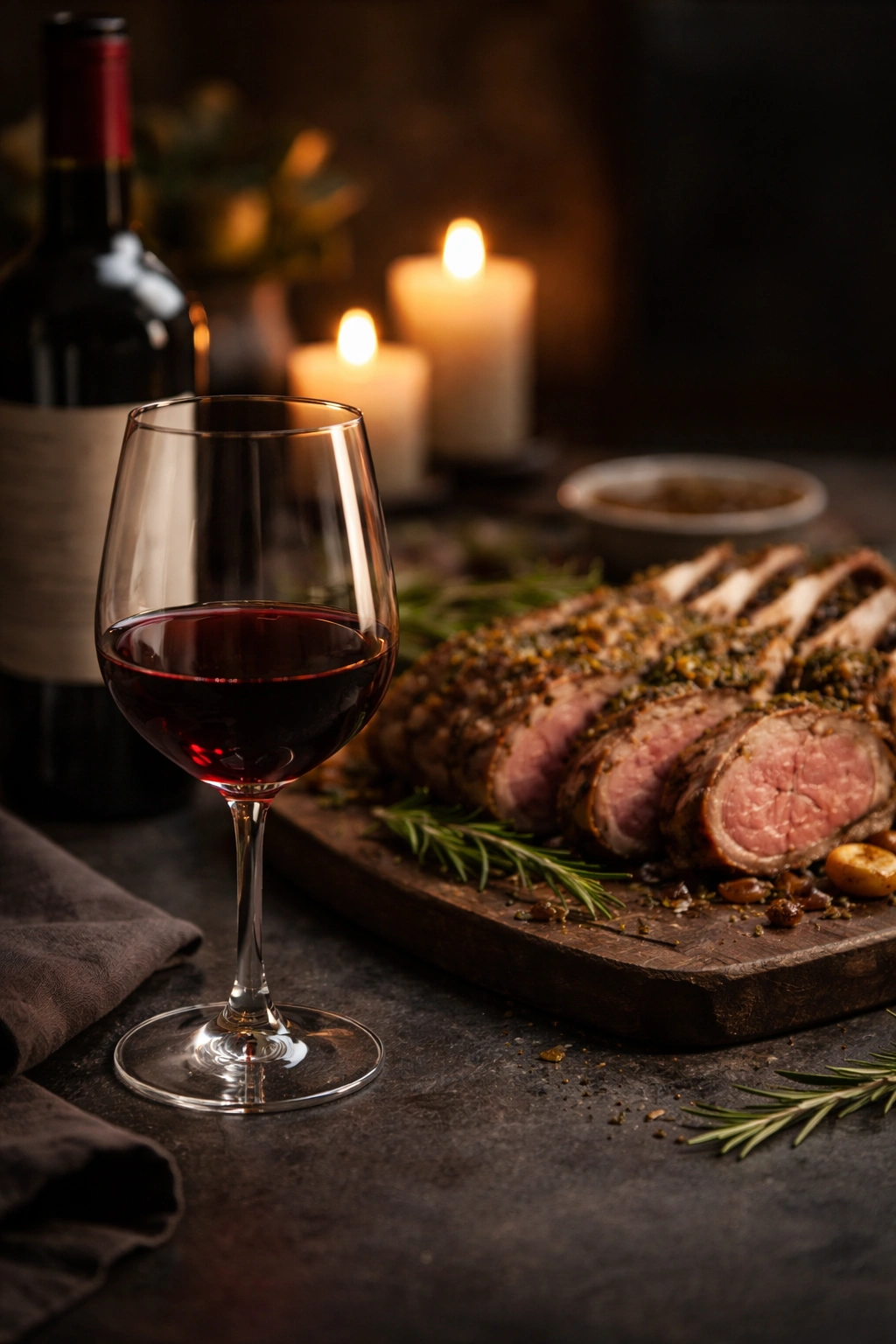 Glass of red wine on a dark surface with soft lighting suggesting pairing with lamb.