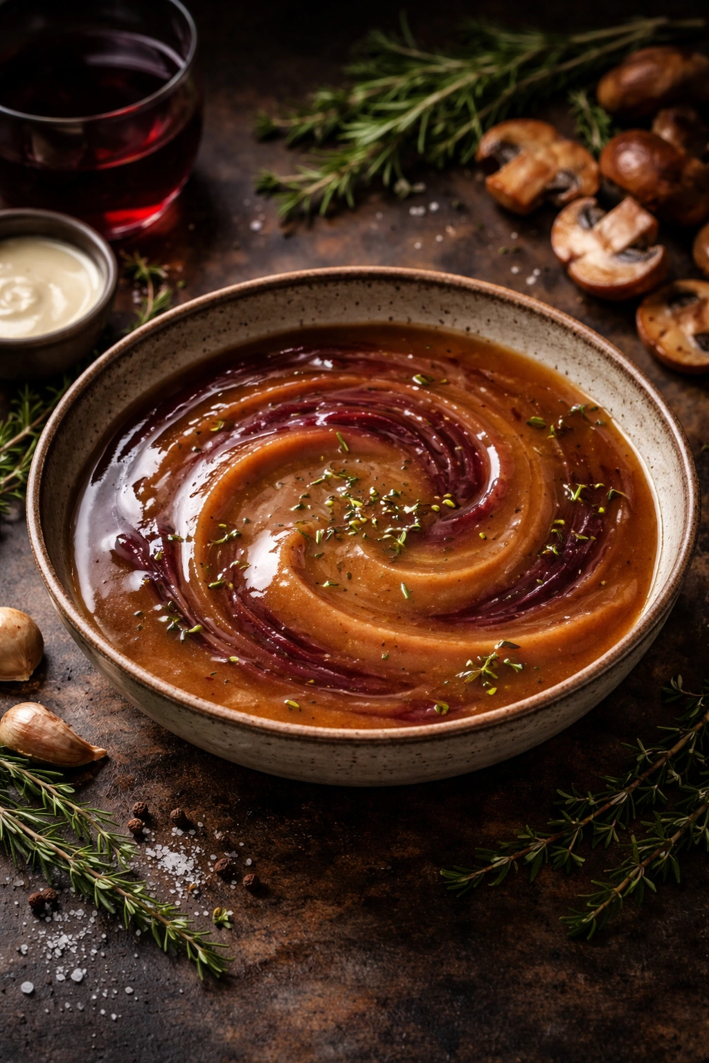 Gravy with red wine swirl in shallow dish