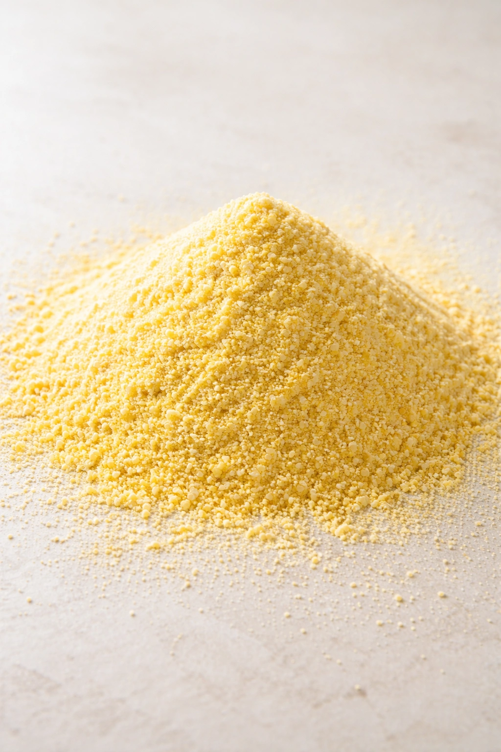 Fine refined cornmeal mound on a light surface