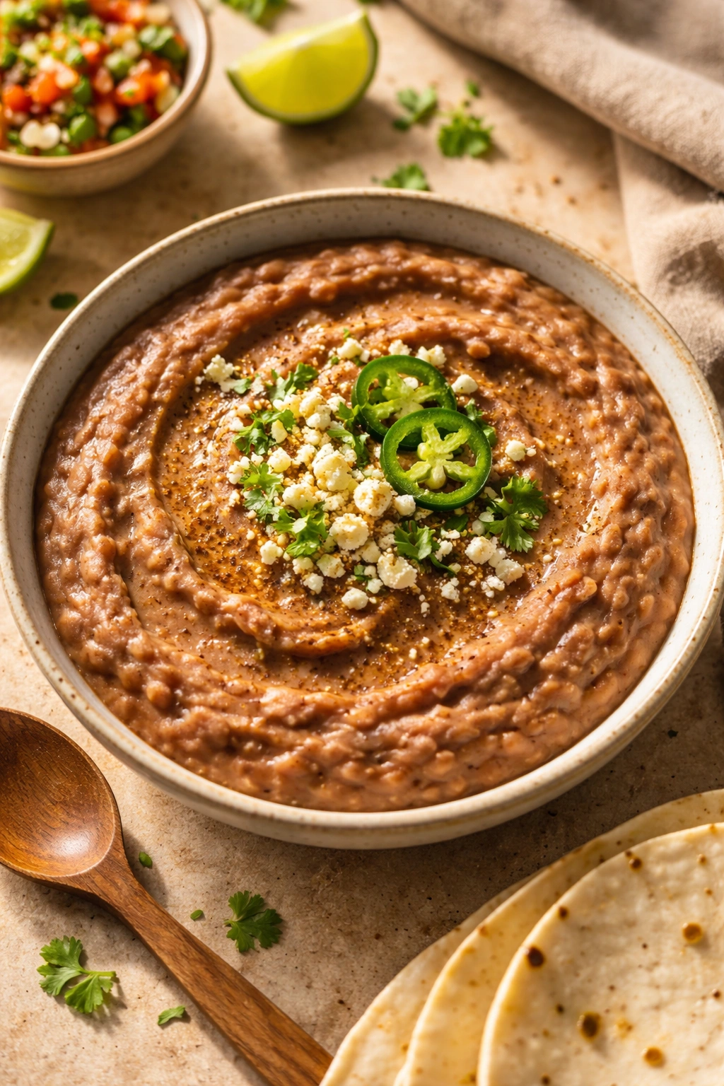 Creamy refried beans in a shallow bowl