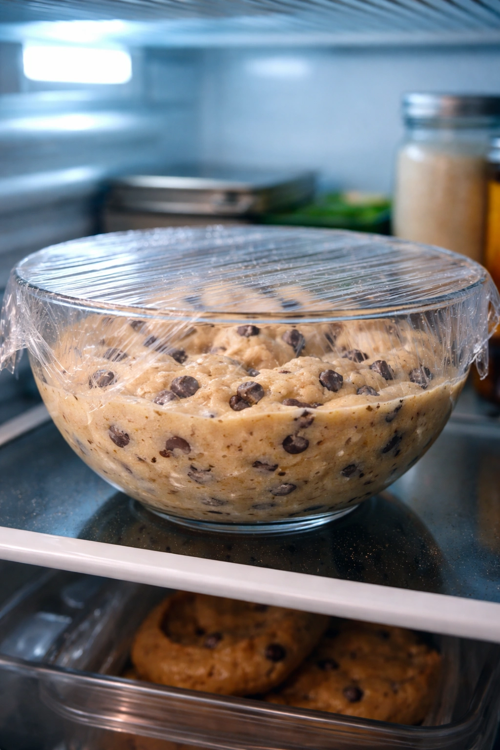 Dough in a covered glass bowl chilling in the refrigerator.