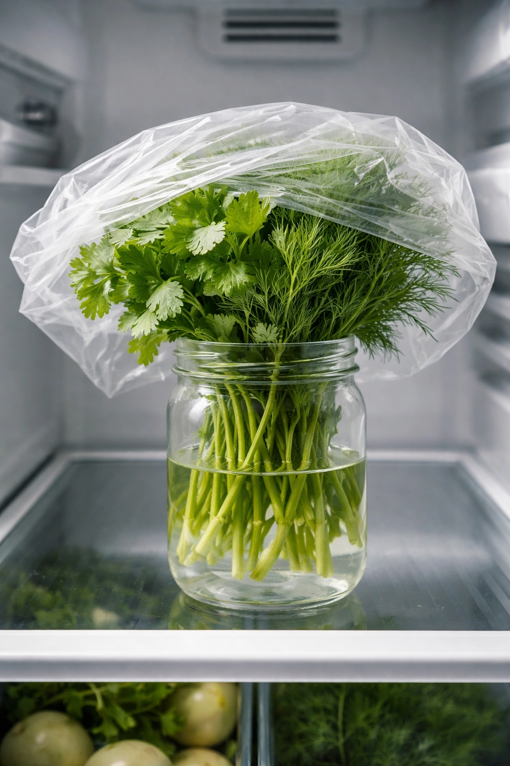 Glass jar with herbs in water inside a refrigerator.
