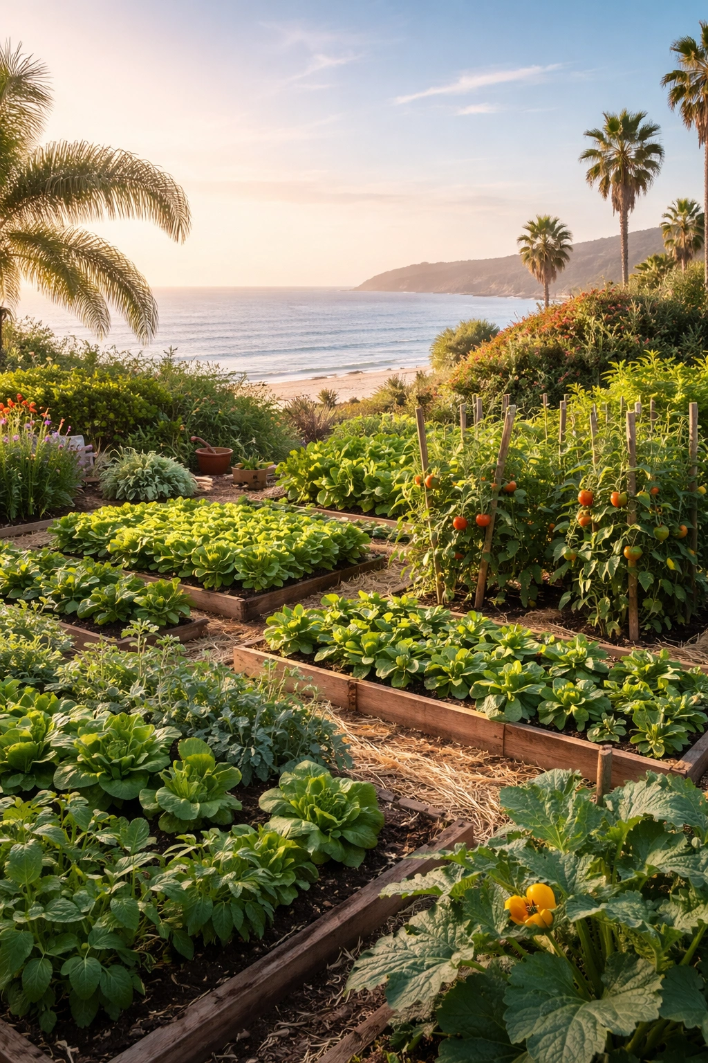 Coastal Southern California garden under marine layer with lush crops