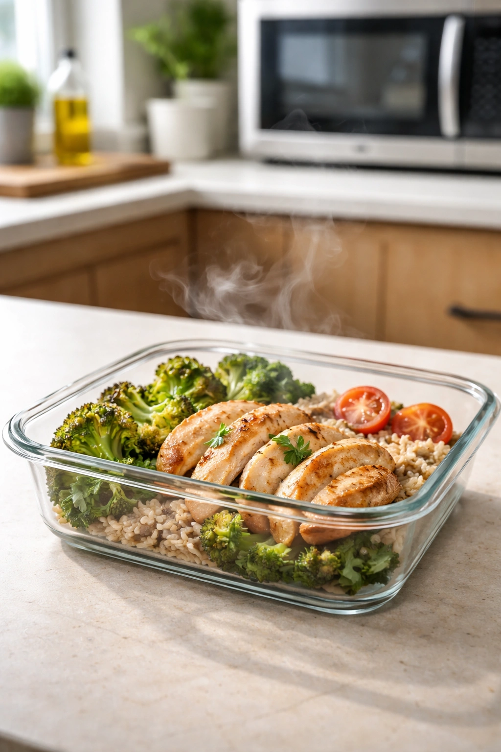 Steaming reheated chicken lunch in a container