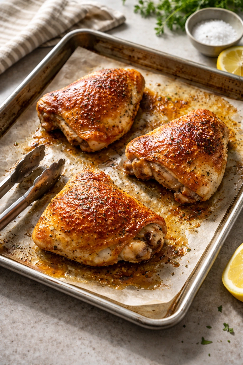 Crispy reheated chicken thighs on a parchment-lined baking sheet