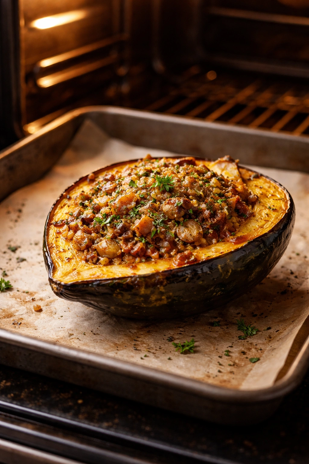 Stuffed acorn squash half ready to reheat in the oven