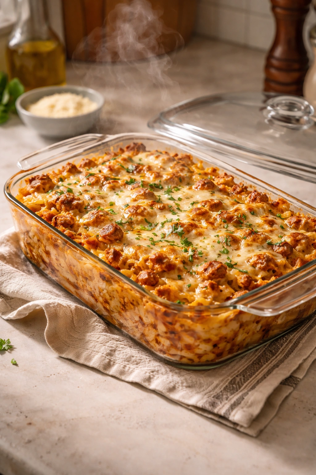 Casserole in glass dish with lid nearby and steam