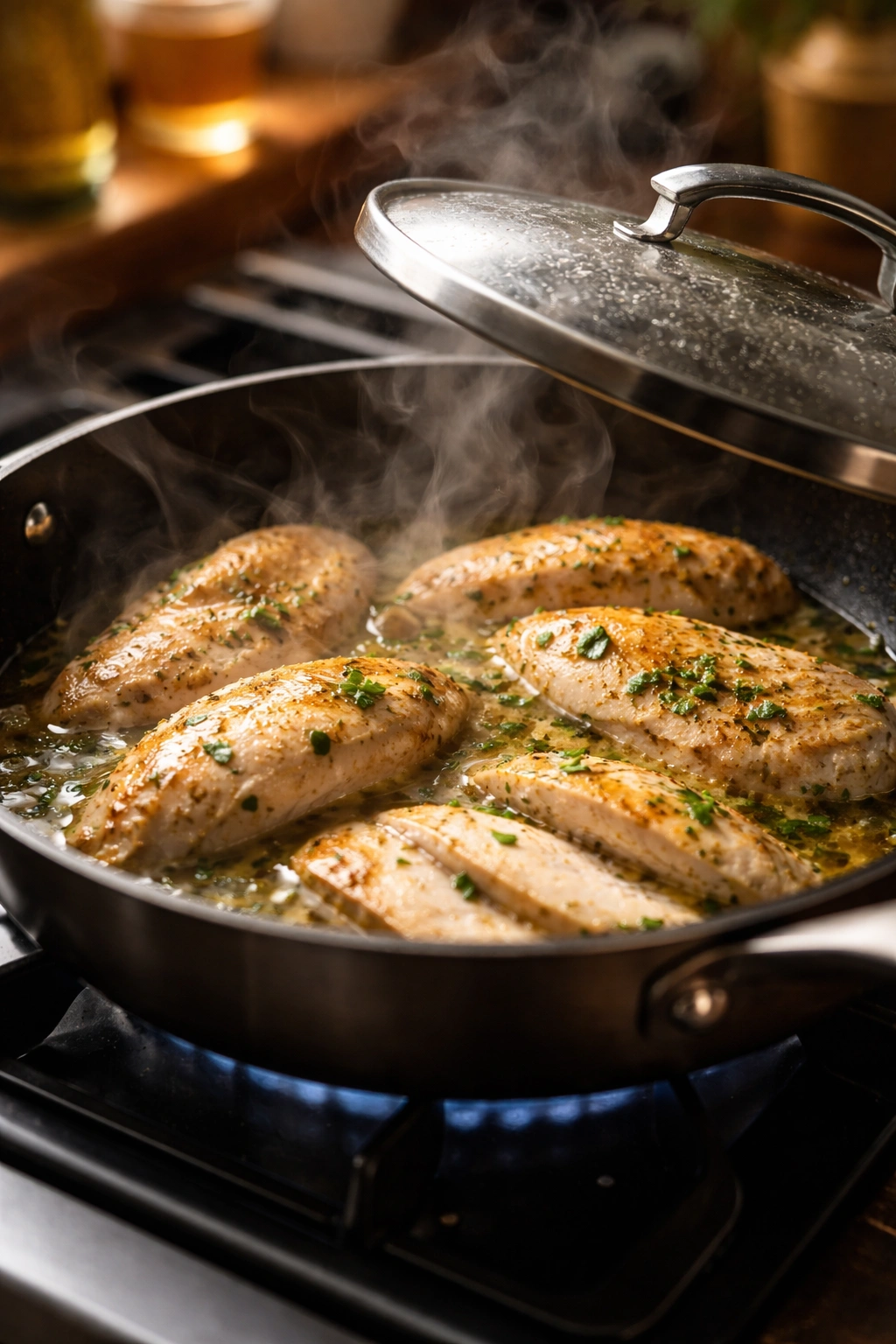 Chicken reheating on stove with broth to stay moist