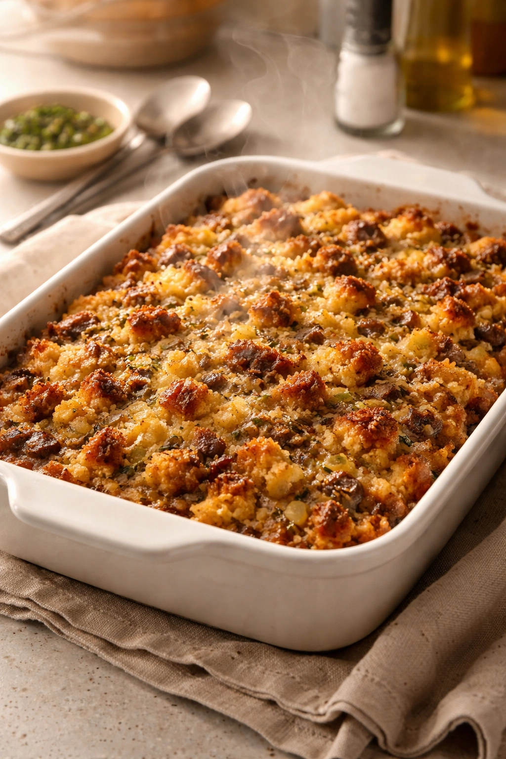 Reheated cornbread dressing with a crispy golden top