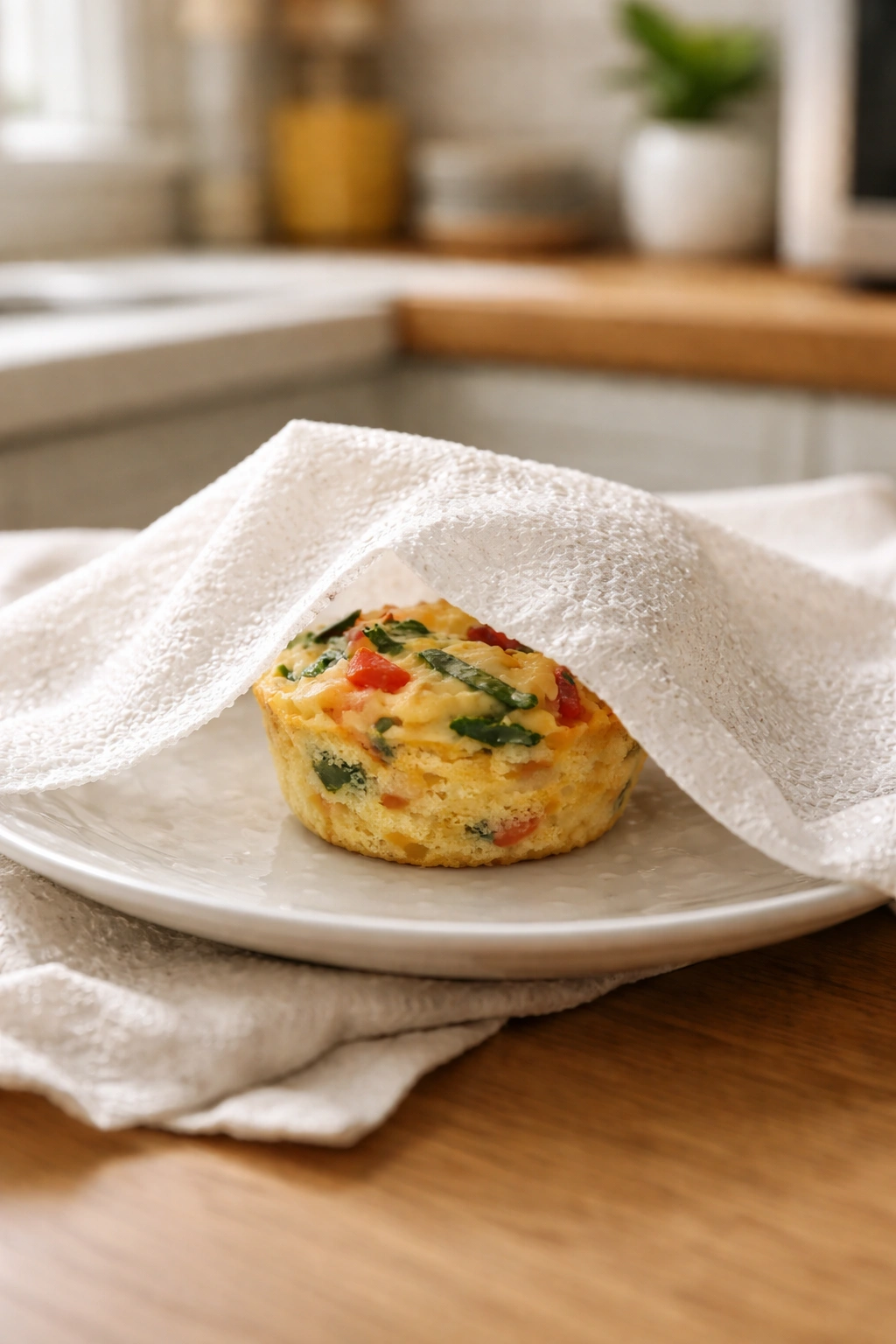 Egg muffin on plate with damp paper towel to preserve moisture while reheating