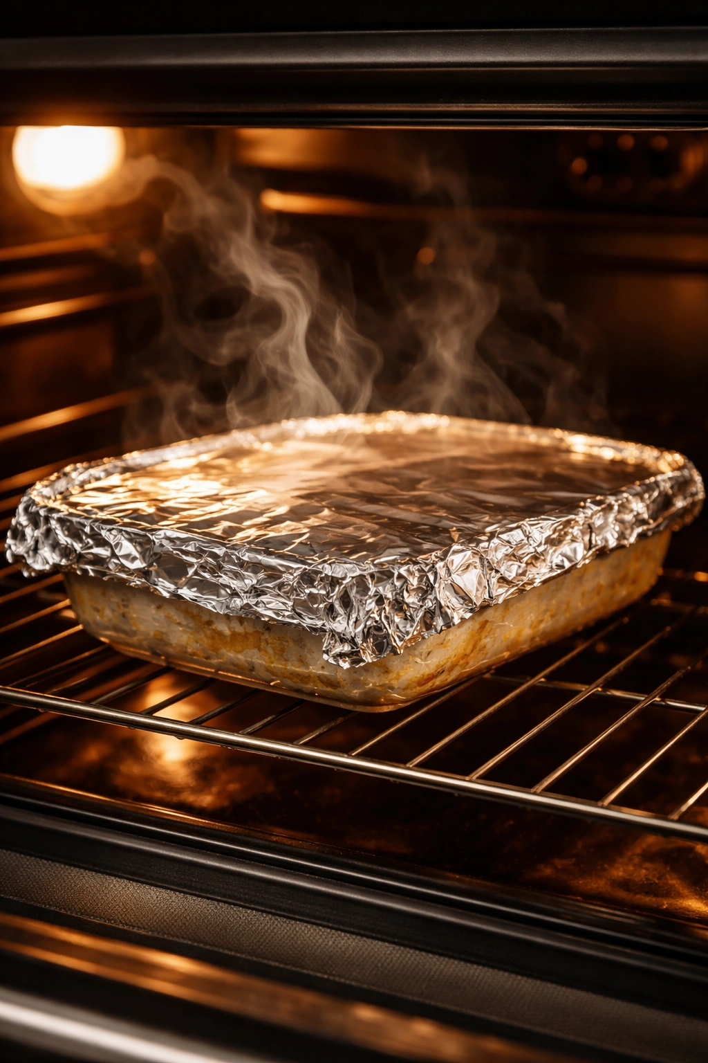 Foil-covered baking dish reheating stuffing in the oven to preserve moisture