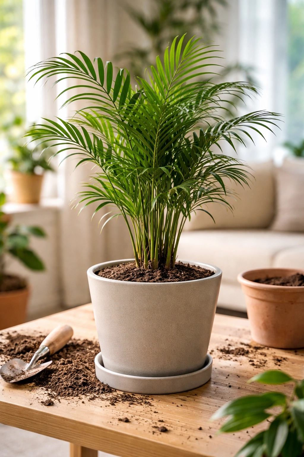 Indoor palm in a slightly larger pot with fresh soil at the rim