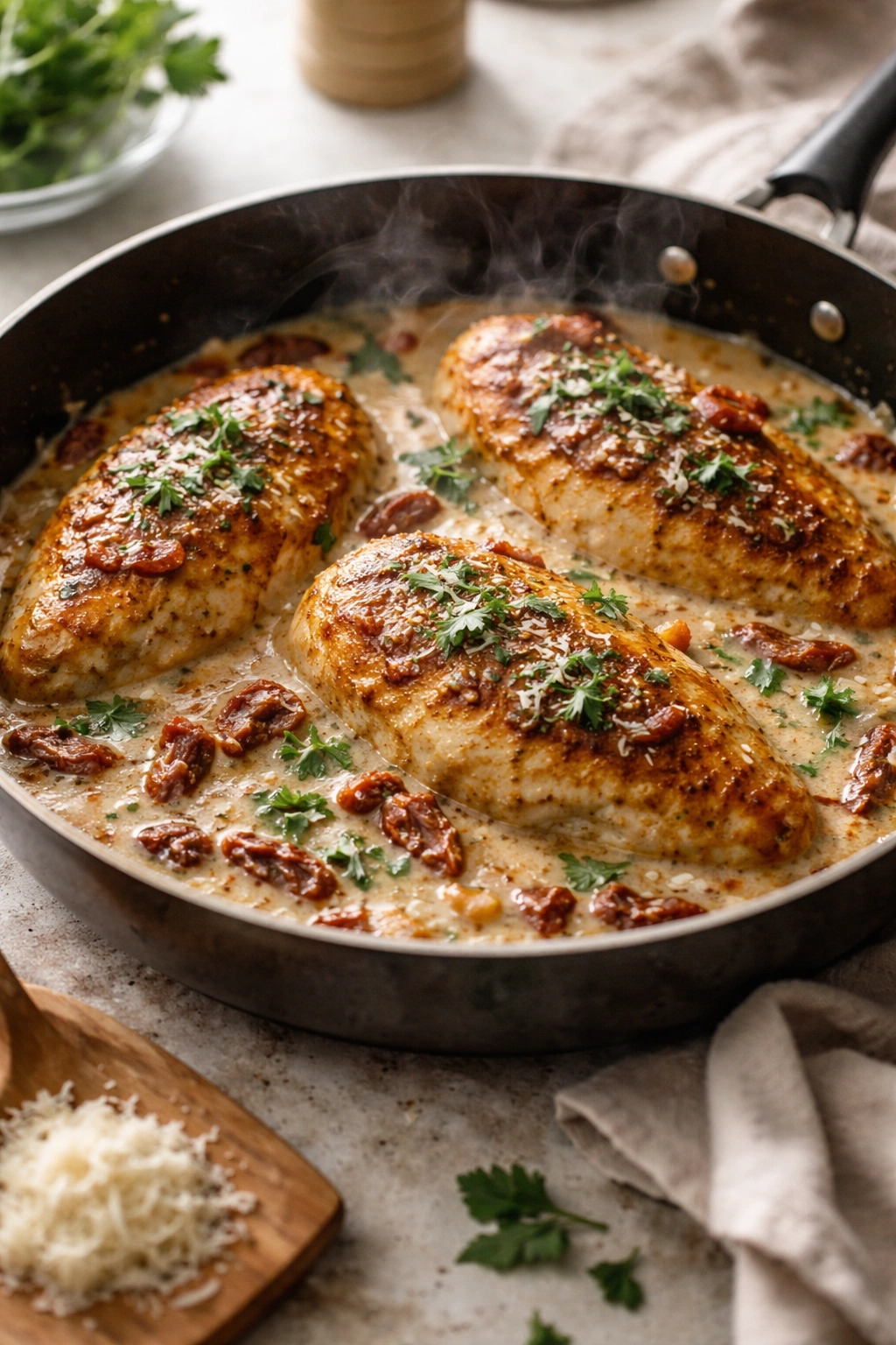 Close-up of seared chicken in glossy sauce with steam rising