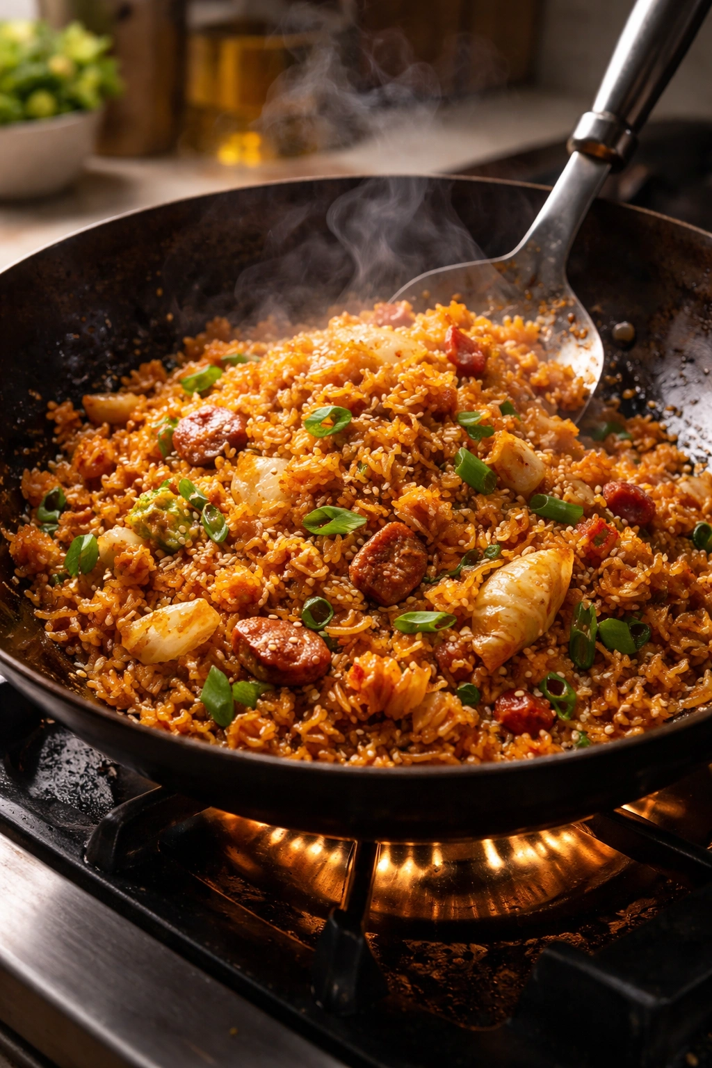Wok-fried kimchi rice with crispy edges and caramelized bits