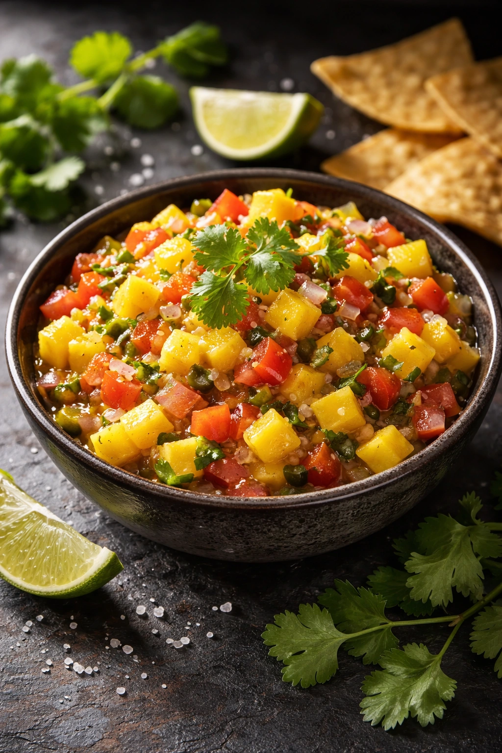 Glossy bowl of vibrant mango salsa on dark slate with cilantro garnish