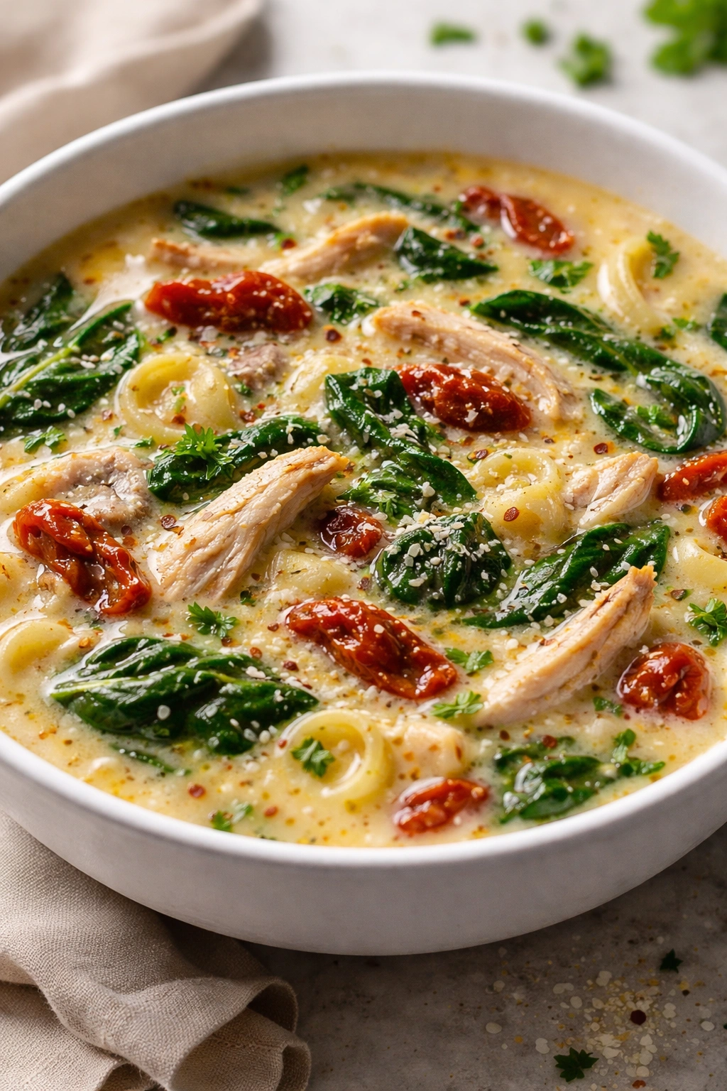 Silky Tuscan chicken soup swirl with sun-dried tomatoes and spinach