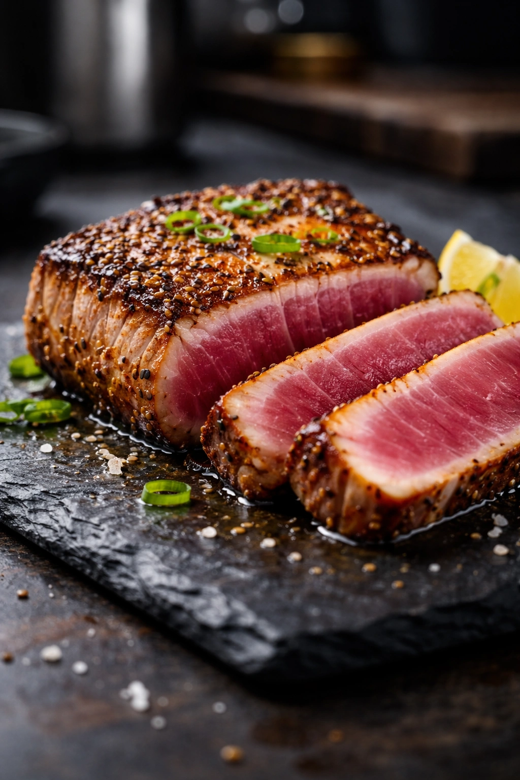 Close-up of perfectly seared tuna with caramelized crust