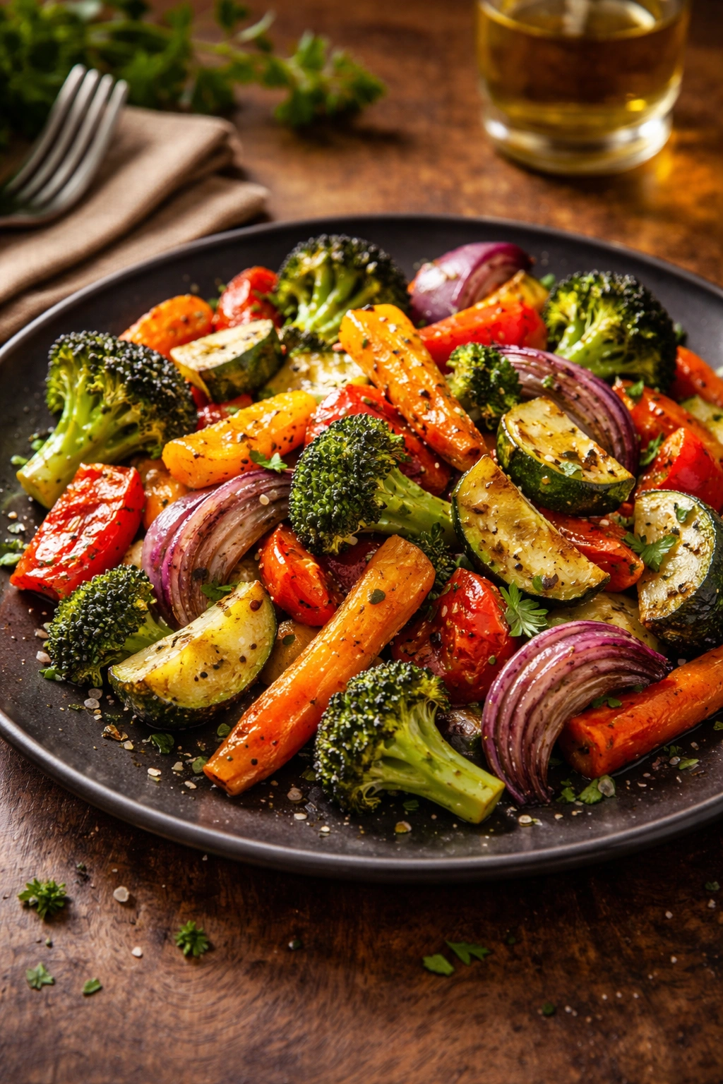 Plate of well-seasoned roasted vegetables with glossy finish and browning