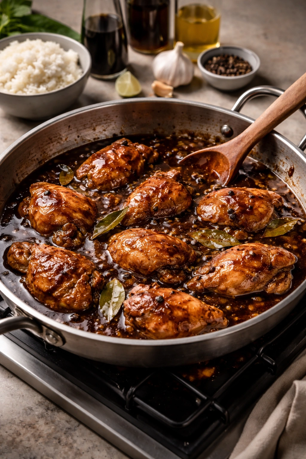 Pan with glossy adobo sauce and browned chicken pieces