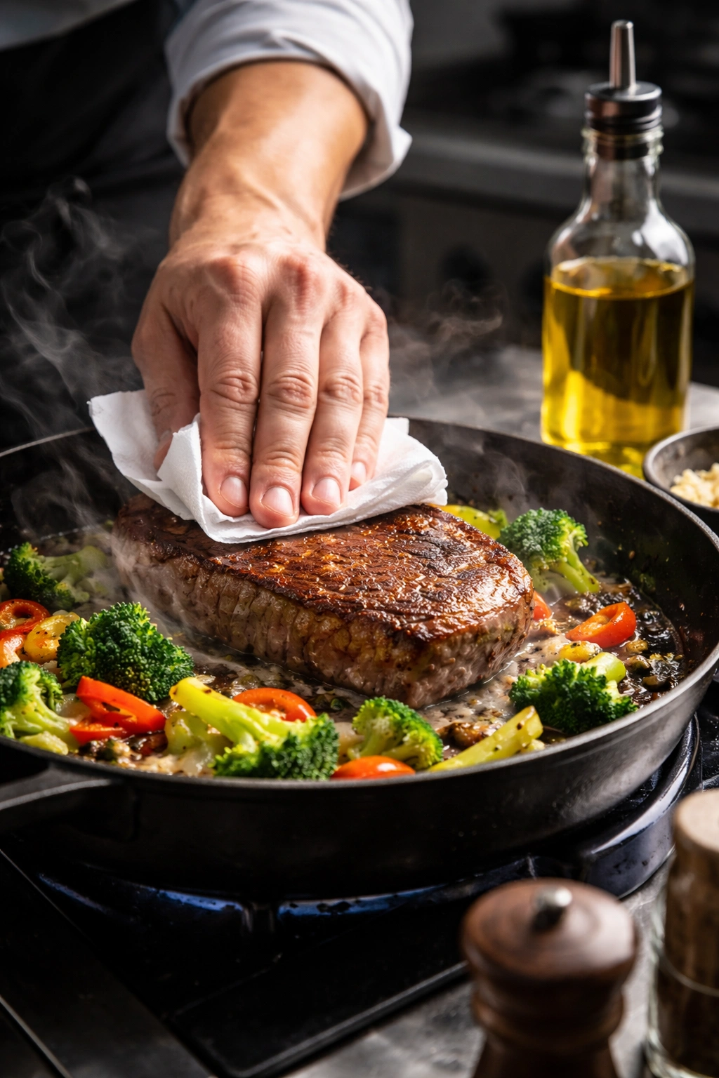 Chef patting dry steak over hot skillet with oil bottle for restaurant-quality results