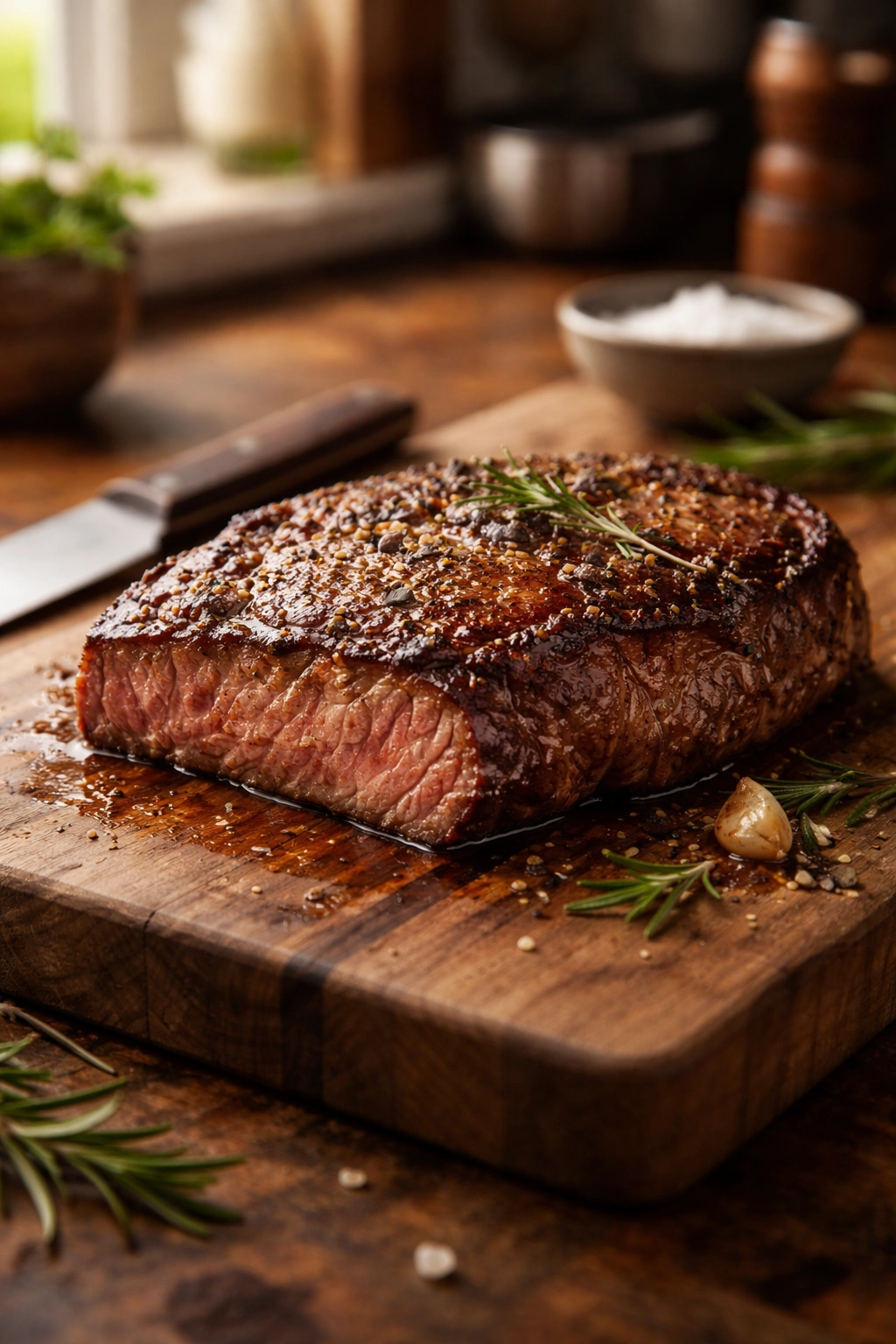 Rested steak on cutting board in warm kitchen lighting
