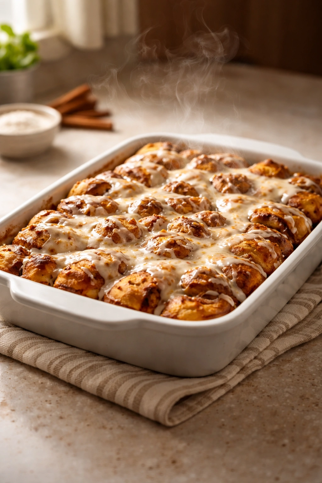 Casserole resting with steam on counter