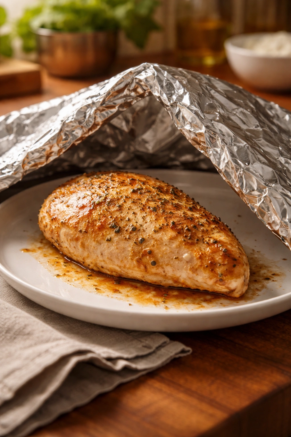 Cooked chicken breast resting with foil to keep juices in.